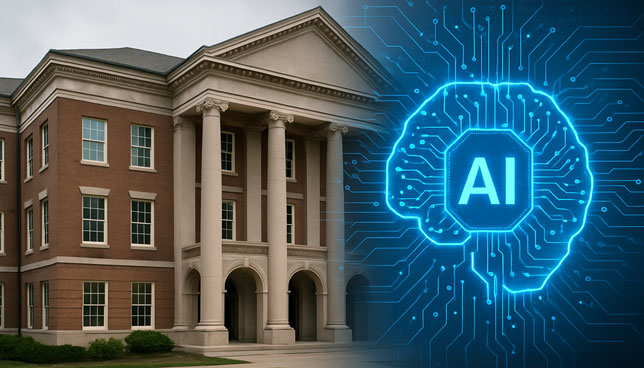 university building with classical architecture is partially overlaid by a glowing digital brain graphic