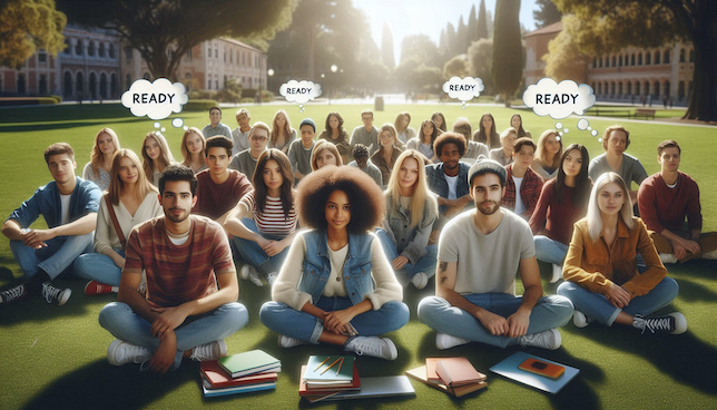 large group of college students sitting on an academic quad