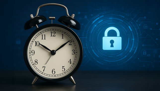 black analog alarm clock sits in front of a digital background featuring a glowing padlock symbol and cybersecurity icons