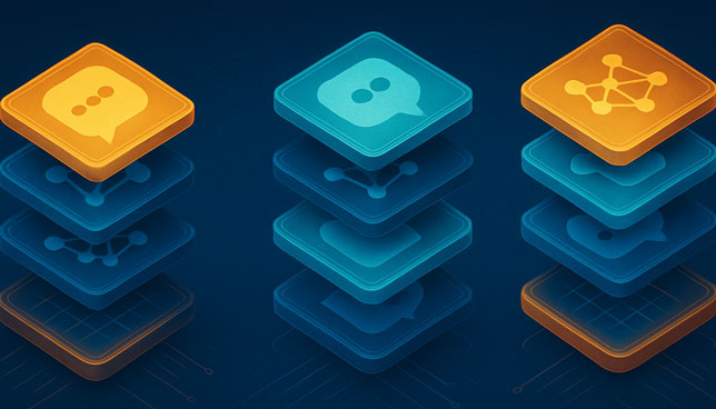 three glowing stacks of tech-themed icons