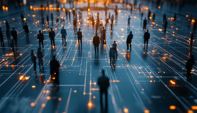 people as silhouettes on a glowing network grid