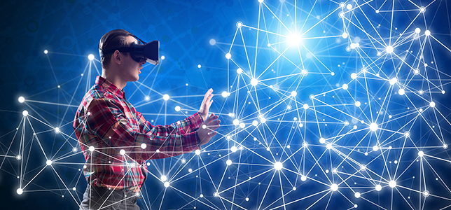 man looking through VR goggles