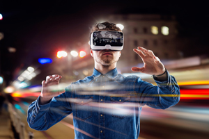 man wearing virtual reality goggles
