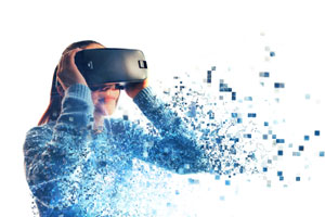 person in virtual glasses turns into pixels