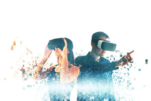 woman and man wearing virtual reality headsets