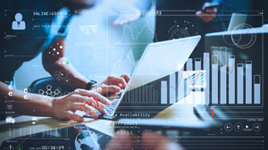 man working on laptop with overlay of graphs and data