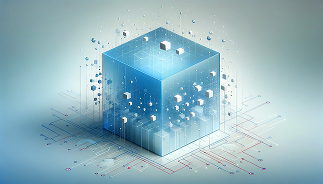 abstract representation of data management in education, featuring a large translucent blue cube symbolizing a massive volume of data