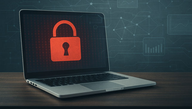 laptop displaying a red padlock icon sits on a wooden desk with a digital network interface background