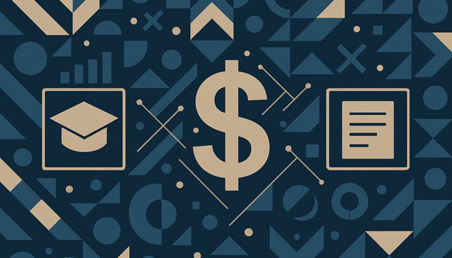 geometric pattern features abstract icons of a dollar sign, graduation cap, and document