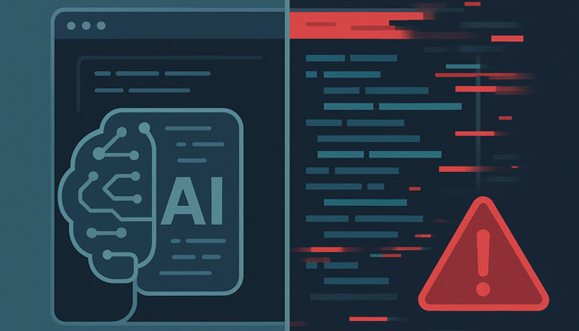 stylized AI code and a neural network symbol, paired with glitching code and a red warning triangle