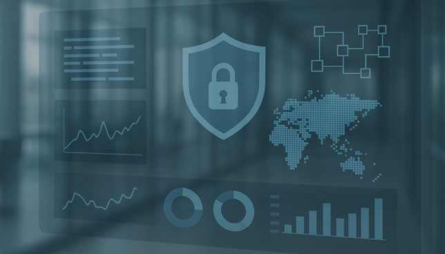 digital dashboard featuring a shield icon, graphs, a world map, and network nodes