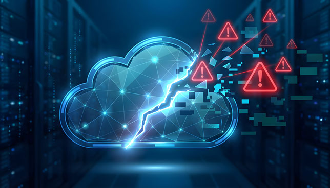 shattered digital cloud with red warning alert icons