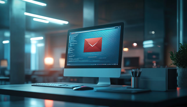 A computer screen shows a phishing email warning message in a modern office