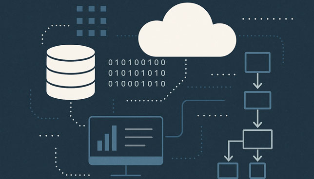 cloud, database stack, computer screen, binary code, and flowcharts interconnected by lines and arrows