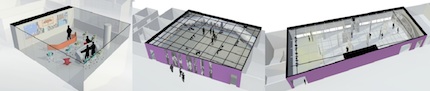 From left: 3D rendering of Hunt Library Game Lab, Teaching and Visualization Lab, and Creativity Studio.