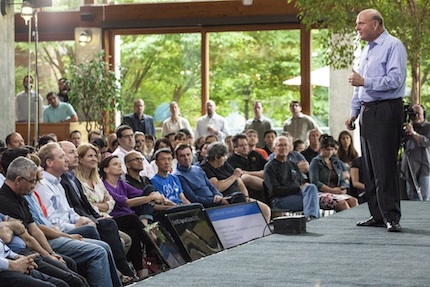 CEO Steve Ballmer explains the Microsoft realignment to a group of workers — including a front row array of newly appointed company leaders. Source: Microsoft