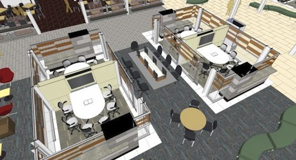 The Learning Commons features glass walls and sliding doors and ample tech gear, including printers and scanners, TVs and projectors, and other multimedia resources.
