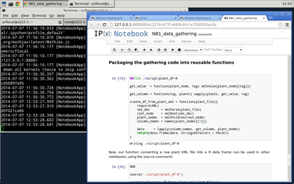 A sample remote desktop session with an IPython notebook running shows how most students in Berkeley's Department of Statistics interact with the virtual machines.