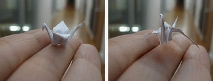 A 3-D photo editing system developed at Carnegie Mellon makes it possible to take a photo of an origami crane, left, and turn it to reveal surfaces hidden from the camera, while maintaining a realistic appearance, as seen at right. The object's shape can be changed, here enabling an animation showing the crane flapping its wings. Source: Carnegie Mellon University
