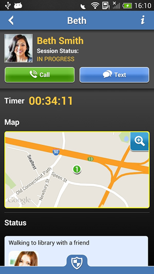 Rave Guardian allows the user to set a timer that allows members of their network to monitor their location and status.
