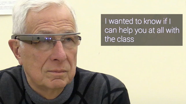 A hard-of-hearing person wears Glass while a second person speaks into a smartphone, which converts the speech to text and sends it for display on Glass. Image courtesy of Georgia Tech.