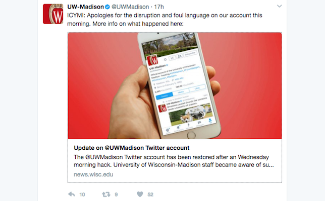 the university of wisconsin madison uw m yesterday morning had its twitter account uwmadison hacked by an unauthorized user the account which has - Account Technology the university of wisconsin madison uw m yesterday morning had its twitter account uwmadison hacked by an unauthorized user the account which has - Account Technology