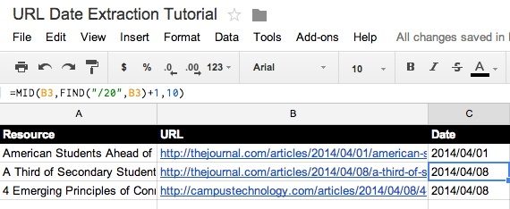 Sample Google Sheet sowing the date extracted from a URL.